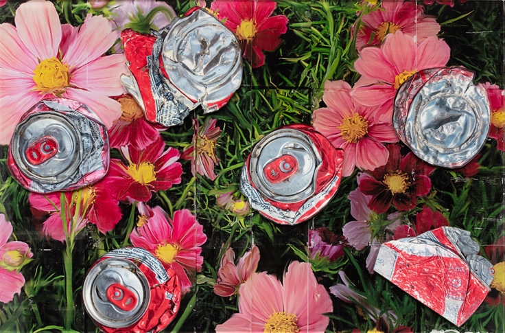 Artwork featuring painted grass, flowers and smashed cans